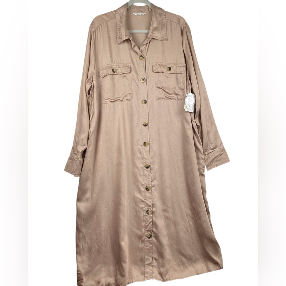 TIME & TRU NWT UTILITY SHIRT DRESS 2XL MIDI LENGHT TAN 100% Lyocell